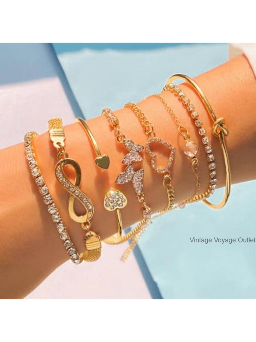 Stackable Bracelet Set Chain Cuff Bangle Rhinestone Charm Adjustable - Picture 2 of 6